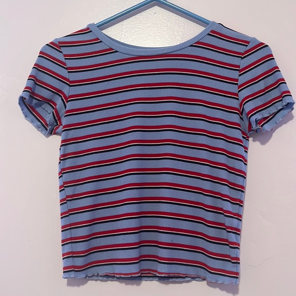 Light blue, red, black, and white stripped fitted top.